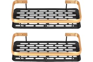 Semme Space Saving Double Layer Shower Aluminum Rectangle Shelf with Stickers for Bathroom and Kitchen (Black Gold)
