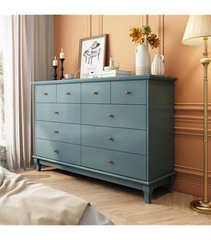 Amazon.com: RIHHA Teal Blue 6 Drawer Dresser – Modern Storage Chest with  Gold Handles, 54