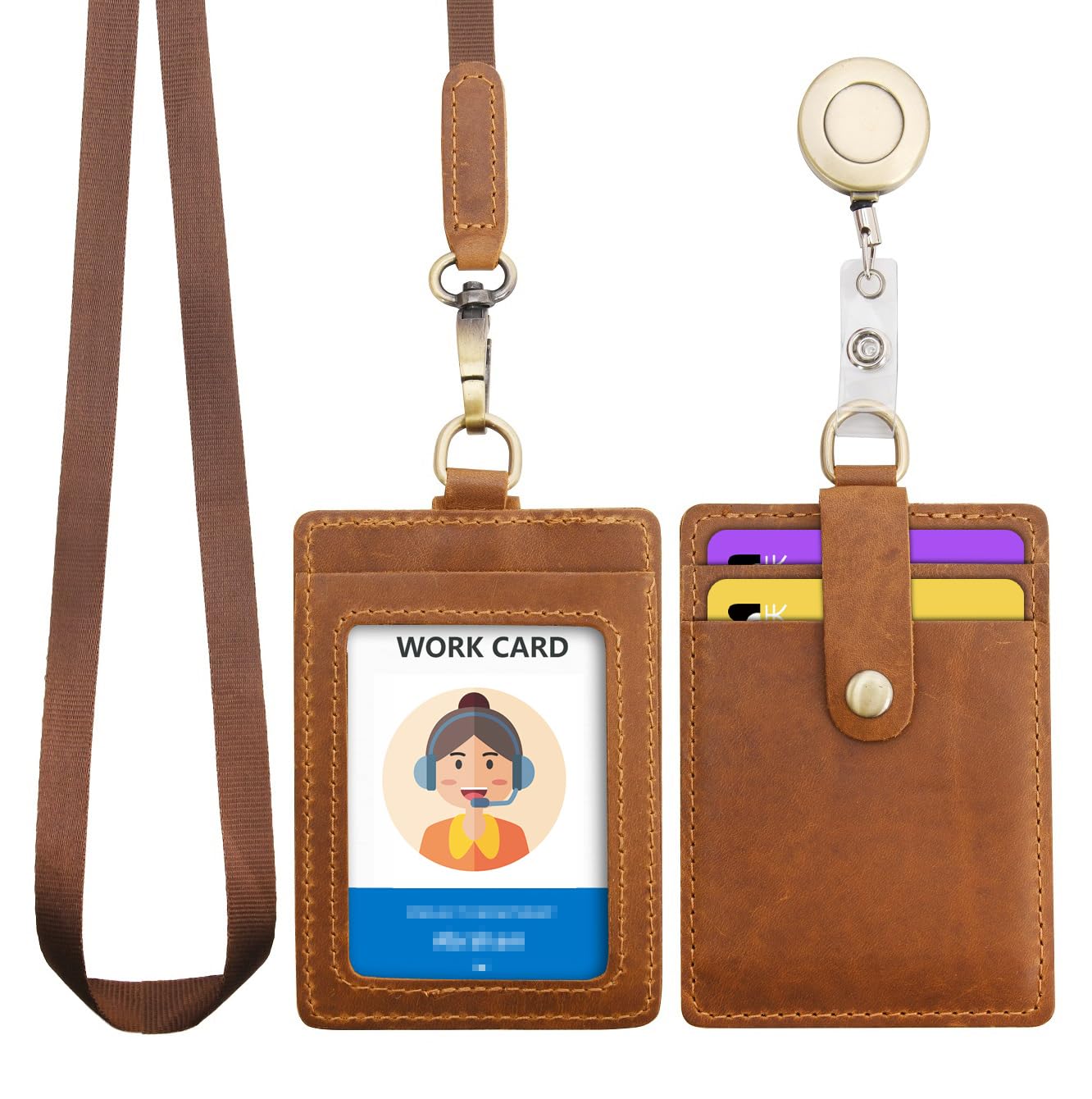 Wonderpool ID Badge Holder Genuine Leather Card Slots Case with Detachable Neck Lanyard and Retractable Badge Reel for Office School Hospital Exhibition ID & Driver Licence (Brown)