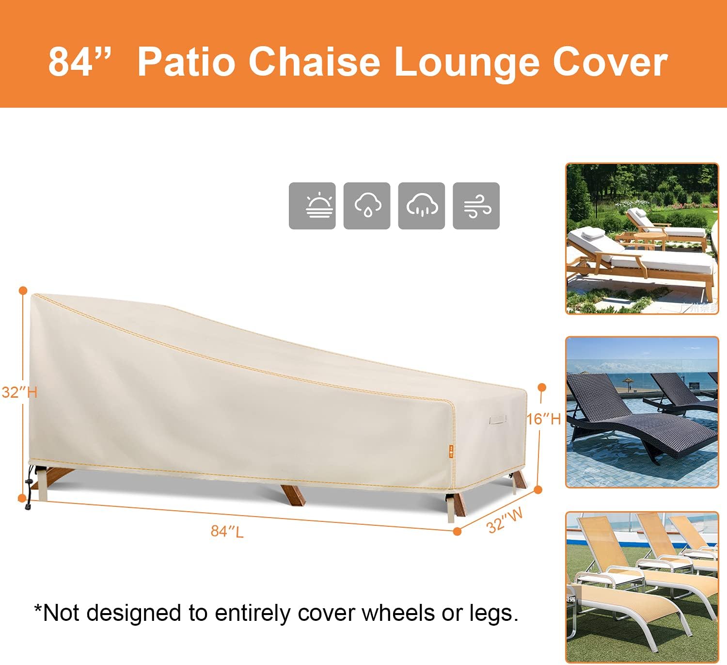 ZEJUN Patio Chaise Lounge Cover Waterproof, 2 Pack 84 inch Heavy Duty Outdoor Lounge Chair Covers, 600D Durable Patio Furniture Cover for Beach Pool Chair , Anti-UV & Windproof, 84" L x 32" W x 32" H: Kitchen & Dining