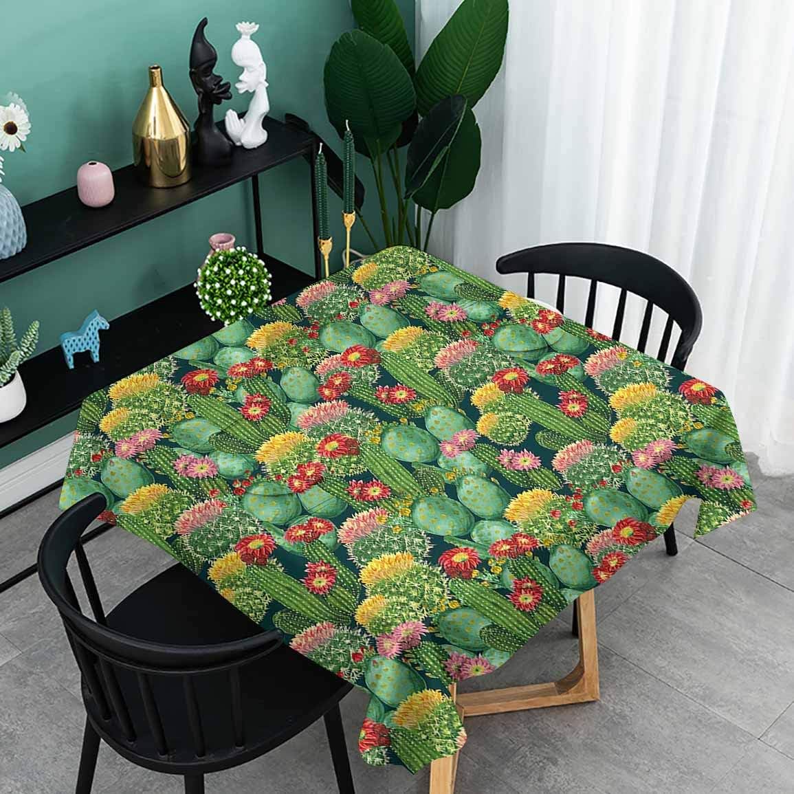 oobon Water-Proof Table Cover, Garden Flowers Cactus Texas Desert Botanic Various Plants with Spikes Pattern, Kitchen Rectangle Protective Tablecloth, 63x63 inch