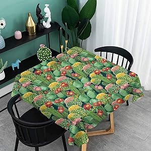 oobon Water-Proof Table Cover, Garden Flowers Cactus Texas Desert Botanic Various Plants with Spikes Pattern, Kitchen Rectangle Protective Tablecloth, 63x63 inch