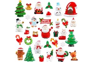 DIYDEC 32Pcs Christmas Miniature Figurines, Mini Resin Figurines to Hide Small Resin Santa Claus Snowman Xmas Trees Animals for Xmas Goodie Bag Fillers Winter New Year Holiday Party Favors Decorations