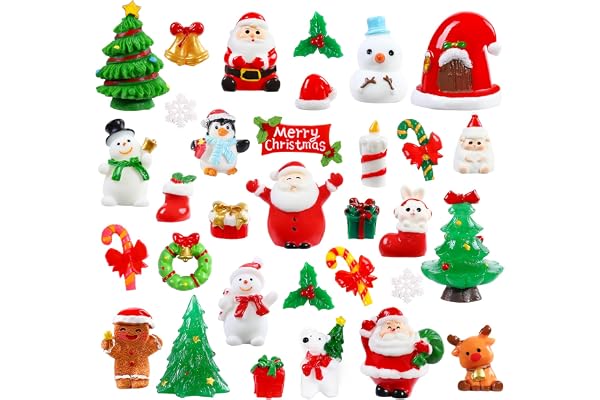DIYDEC 32Pcs Christmas Miniature Figurines, Mini Resin Figurines to Hide Small Resin Santa Claus Snowman Xmas Trees Animals for Xmas Goodie Bag Fillers Winter New Year Holiday Party Favors Decorations