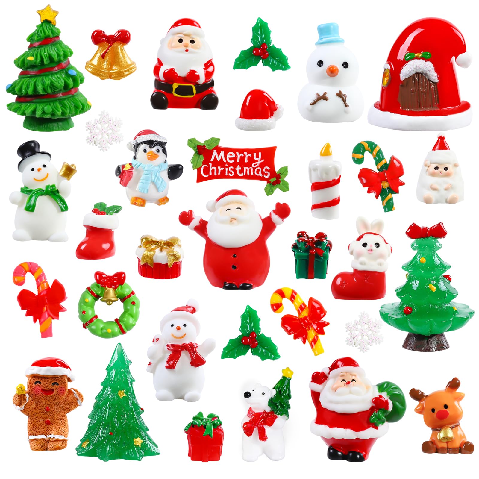 DIYDEC 32Pcs Christmas Miniature Figurines, Mini Resin Figurines to Hide Small Resin Santa Claus Snowman Xmas Trees Animals for Xmas Goodie Bag Fillers Winter New Year Holiday Party Favors Decorations