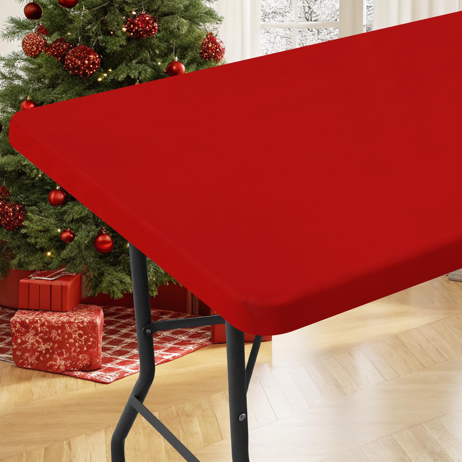 Photo 1 of Moosfor Spandex 6 Foot Rectangle Christmas Table Cloth, Elastic Fitted Tablecloths for Picnic, Stretch Washable Patio Table Cover for Outdoor, Camping, Banquet and Parties (Red, 30"x72")