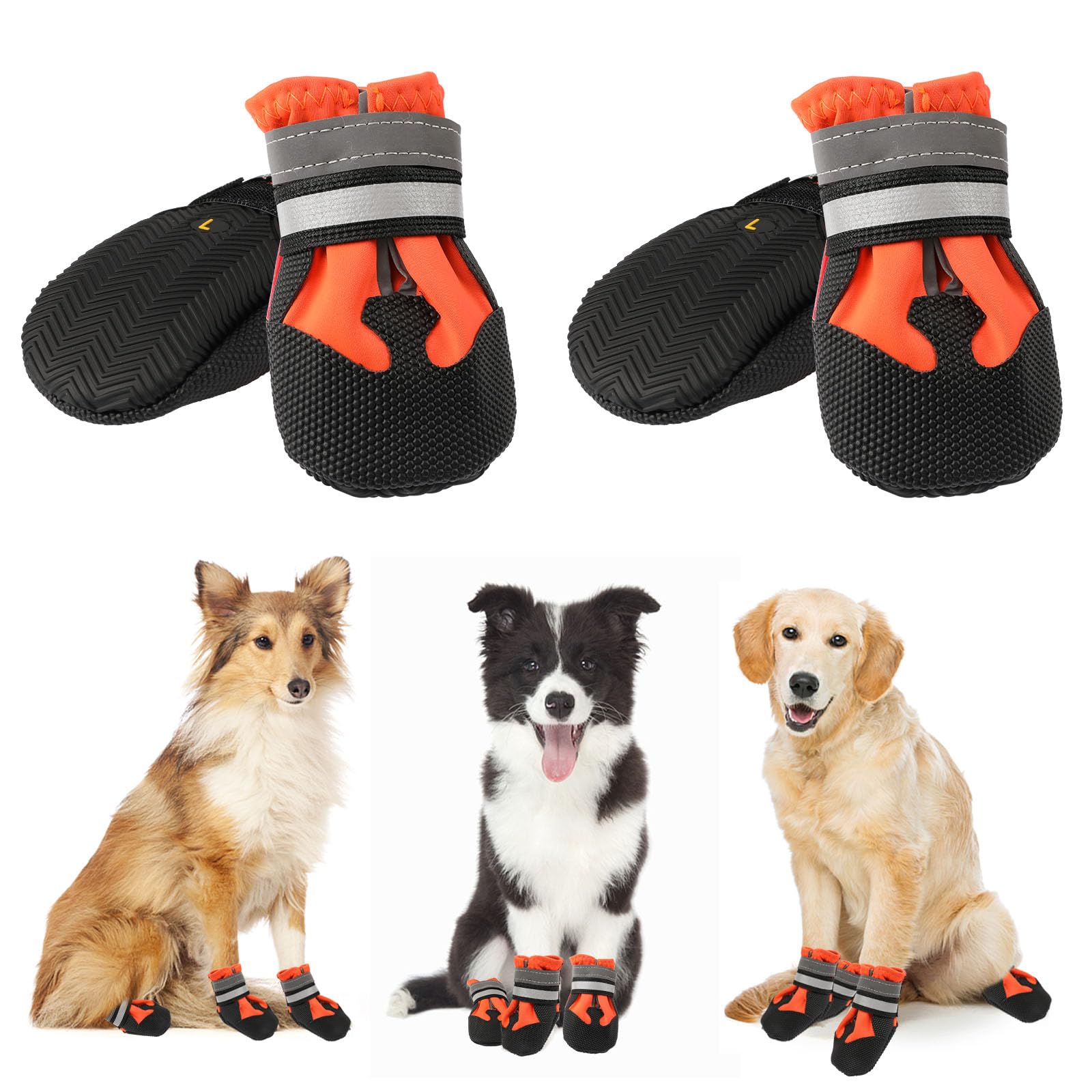 QKURT 4 Pieces Dog Boots Paw Protector, Waterproof Dog Shoes with Reflective Straps, Adjustable Washable Non-Slip, for Injured Paws, Outdoor Paw Protectors for Small Medium Large Dogs