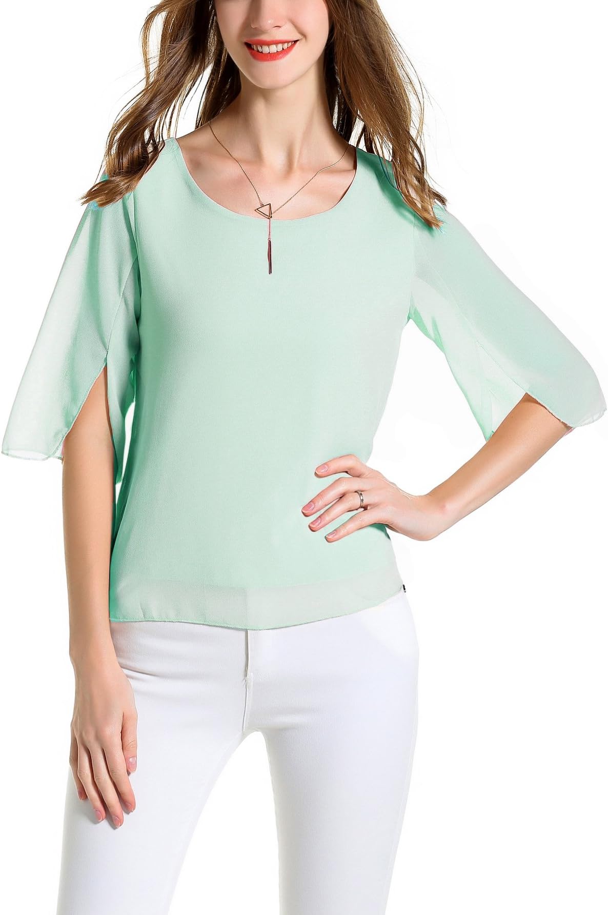 Angelady Women Chiffon T-Shirt Blouse Scoop Neck 3/11 Sleeve Casual Top