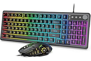 Gaming Keyboard and Mouse, USB Wired Computer Keyboard with 14-Zone RGB Illumination, 26 Anti-ghosting Keys, Volume Control Roller for PC Gamers, Laptop (Whisper Quiet Gaming Switch), Trueque