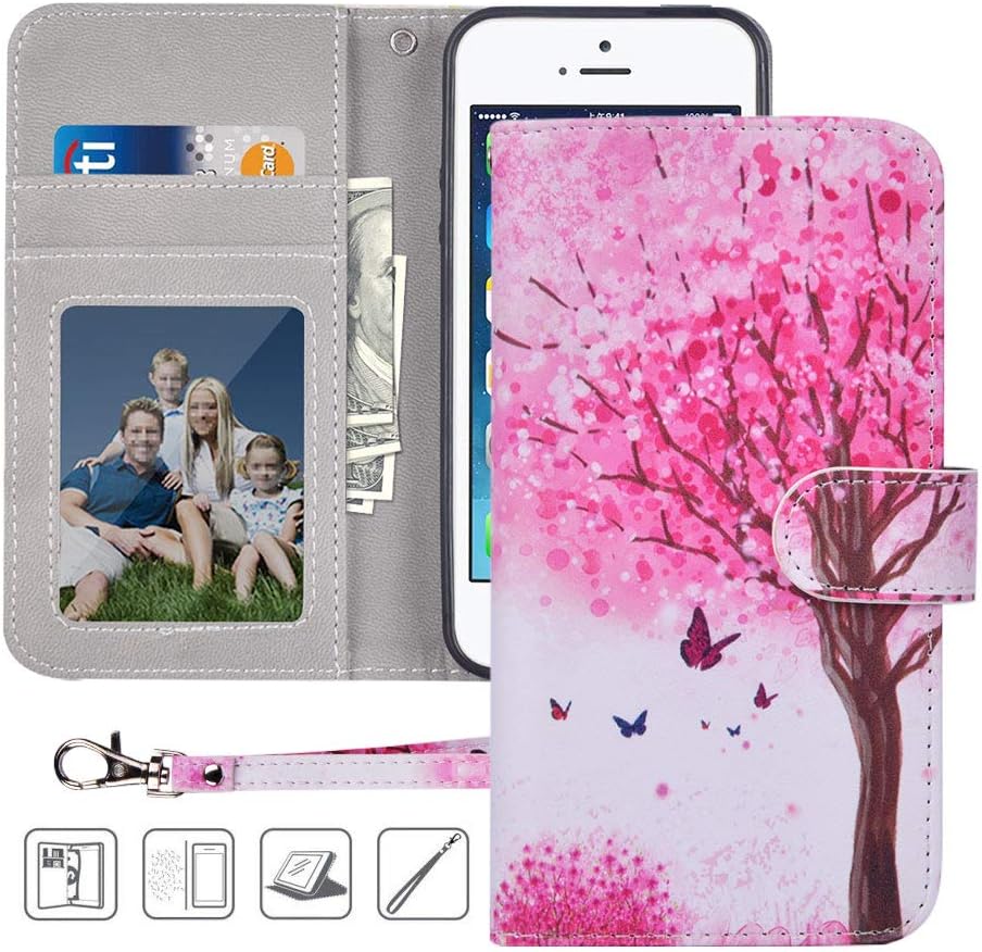 Urbeutyke iPhone 5S Wallet Case,iPhone 5 Wallet Case,iPhone SE Wallet Case, Premium PU Leather Flip Folio Case Cover with Wrist Strap,Card Slots,Kickstand for Apple iPhone 5S/5/SE-Pink tree
