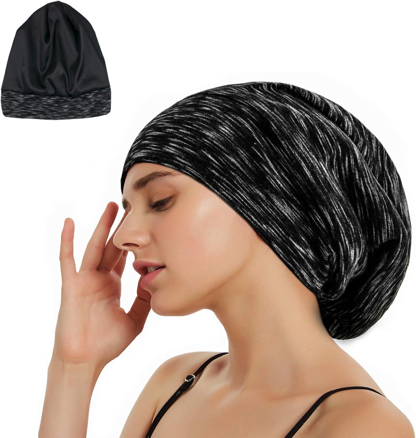 Satin Bonnet Slouchy Sleeping Cap - Extra Large Adjustable Wide Elastic Band Beanie Hat for Curly Natural Long Hair 2019