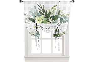 ARTSHOWING Eucalyptus Leaves Tie Up Curtain for Kitchen Adjustable Balloon Window Shade 45 Inch Length Spring Summer Green Leaves Grey Plaid Rod Pocket Curtain Drape for Bedroom Living Room 34"x45" Valance