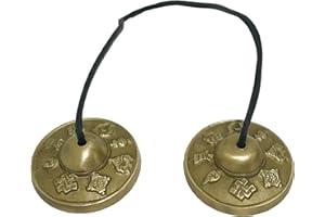 GAVYA INTERNATIONAL Tibetan Buddhist Cymbals OM Mane Padme Hum 8 Lucky Symbols Embossed on leather cord 2.5 inch Tingsha Manjira Bell (Chimes) for Meditation, calming Musical Instrument, International Yoga Day Gift