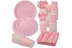 YMDOBIGER Pink Plates and Napkins Party Supplies, Pink Scalloped Paper Plates Cups Napkins Knives Forks Spoons for Girls Birthday Baby Shower Party Decorations, Serves 25