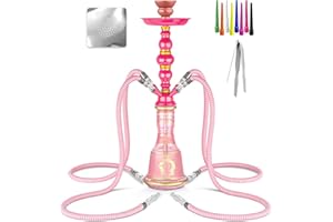 HAPYWAER 21'' Hookah Set 4 Hose Hookah Set With Everything, Glass Vase, Ceramic Bowl, Coal Tong, Leather Hose, Hookah Foil, Disposable Hookah Tips (Pink)
