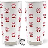 MOTERMATE Preppy Pink Bow Cherry 20oz Travel Coffee Mug Tumbler, Trendy Cherry Gifts for Teen Girls Women, Coquette Pink Bow Gifts,Cherry Red Stainless Steel Tumbler with Lid and Straw Drinkware