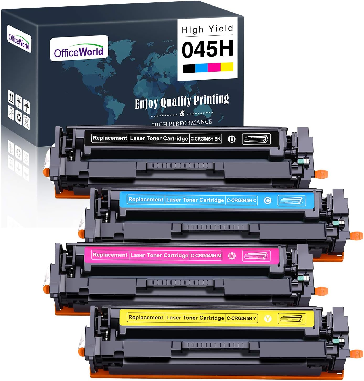 OfficeWorld Compatible Toner Cartridge Replacement for Canon 045H 045 High Yield, for ImageCLASS MF634Cdw LBP612Cdw MF632Cdw MF634 MF633Cdw LBP611Cn Printer 4 Pack (Black, Cyan, Magenta, Yellow)