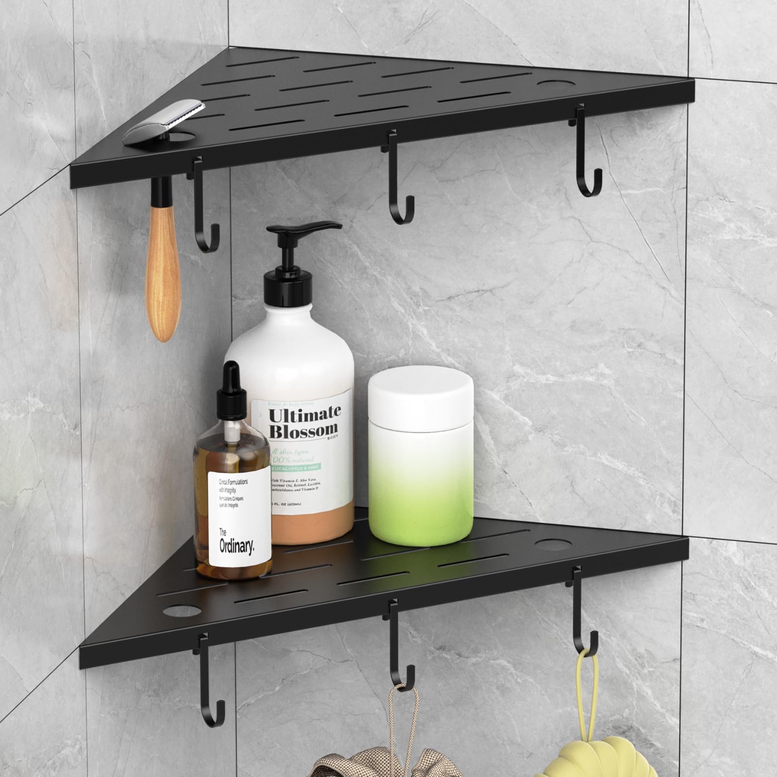 Photo 1 of **POSSIBLE PARTIAL SET*** SZWQILIN Corner Shower Shelves, 10" Matte Black 304 Stainless Steel Recessed Shelf for Bathroom?Grout in Shelf with Hooks for Tiled Wall 2 Pack (Black)
