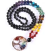 Bivei 108 Mala Beads Necklace Life Tree 7 Chakra Wrap Bracelet Real Healing Gemstone Yoga Meditation Hand Knotted Mala Prayer Bead Necklace