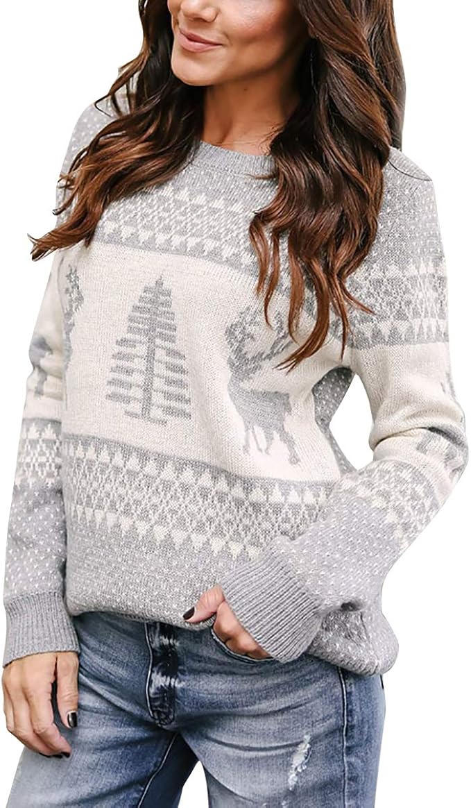 Christmas Jumper Women's Knitted Christmas Reindeer Crew Neck Print