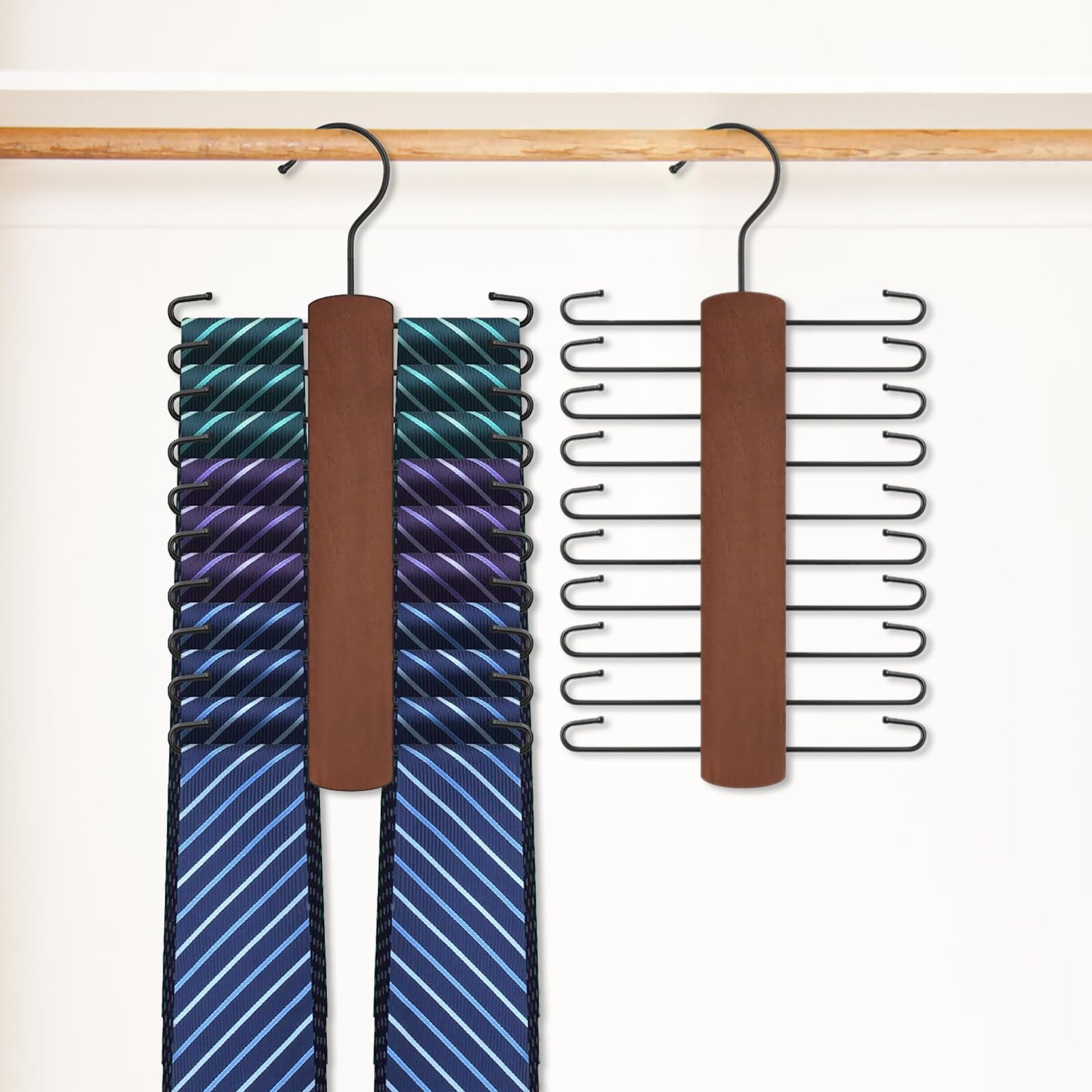 GmeDhc 2 Pcs Tie Hanger for Wardrobe, Wooden Tie Rack With 20 Hooks, Coat Hangers Space Saving, For Scarves Belts And Accessories