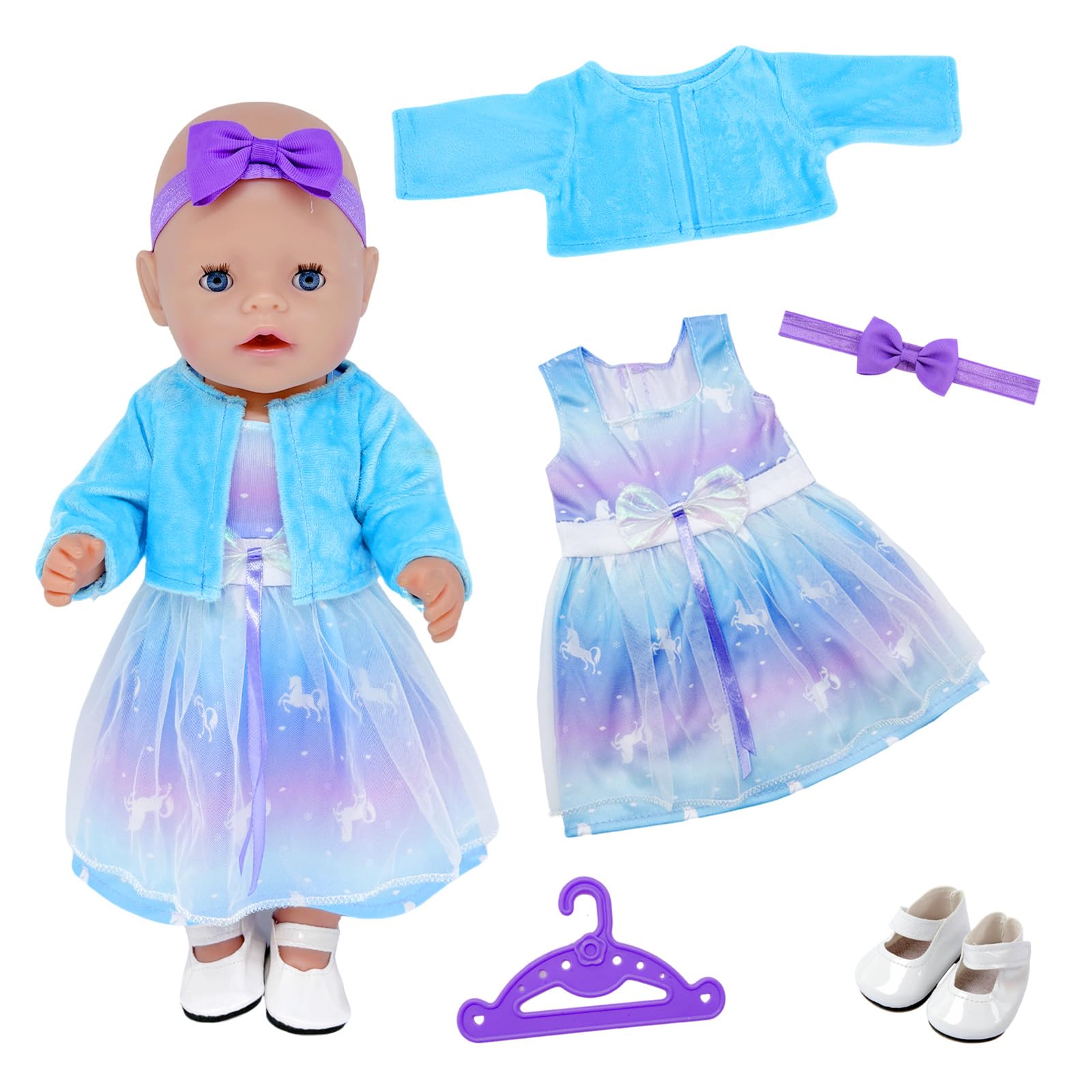 WanderGo Baby Doll Clothes for 35-43 cm Dolls, 5-Piece Outfit Including Dresses, Jackets, Shoes, Hairband, Clothes Hanger Dreamy styleDoll Clothes for 14-18 inch dolls (doll not included)