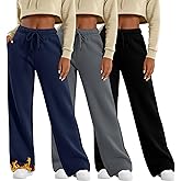 Velvelhall 3 Pack Women's Wide Leg Fleece Lined Sweatpants Thermal Lounge Warm Pants Drawstring Elastic Waisted with Pockets