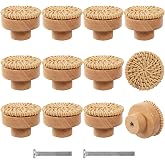 ANPHSIN 12 Pack Boho Wood Dresser Drawer Knobs | Handmade Rattan Woven Cabinet Knobs, Pulls Handles with 24 Screws for Home, Nursery, Furniture