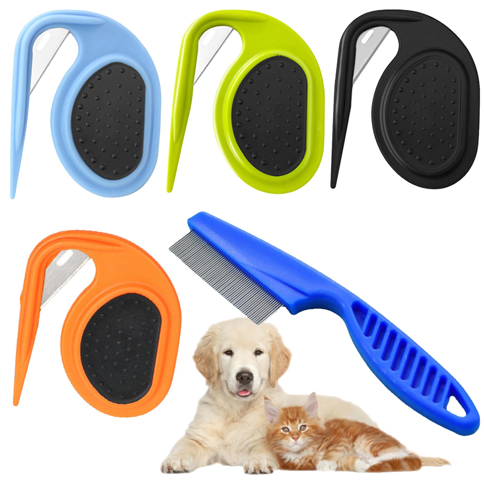 5 Piece Pet Grooming Set - Dematting Comb and Flea Removal Tool, Matt Splitter with Steel Blade for Cats and Dogs, Effective Grooming Brush (Black/Orange/Blue/Green)