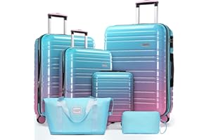 LARVENDER Luggage Sets 6 Piece, Expandable PC+ABS Hardside Multicolor Suitcase Sets with TSA Lock Double Spinner Wheels, Cotton Candy