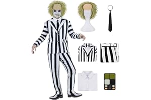 ZFQI Adult Scary Halloween Costumes Black and White Striped Suit Horror Comedy Cosplay Outfit Set with Wig Makeup Kit
