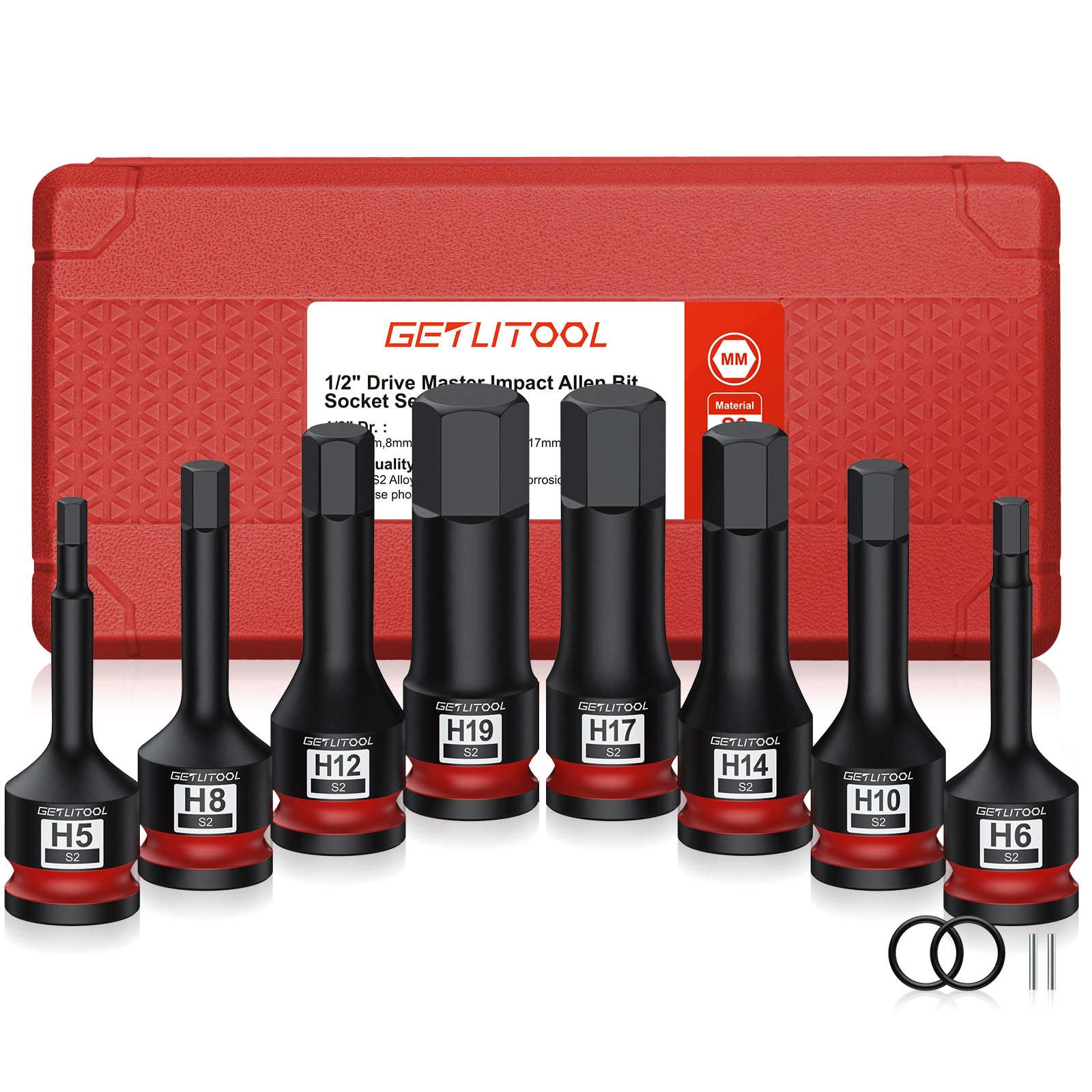 GETLITOOL 1/2" Kraft Innensechskant Schlagschrauber Nüsse Satz, 8tlg S2-Stahl Sechskant Bit Stecknuss Set HX 5mm - 19mm, Länge 78 mm Innensechskant Steckschlüssel Set für Innensechskantschrauben 8