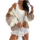 Luotasia Womens Oversized Cardigan Sweaters,Open Front Color Block Lantern Long Sleeve Striped Knit Outwear Coats