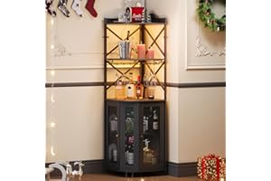 JKsmart Corner Bar Cabinet with LED Lights, 5-Tier Industrial Wine Bar Cabinet with Glass Holder, Farmhouse Liquor Cabinets with Shelf and Door, Home Bar for Coffee Bars, Black