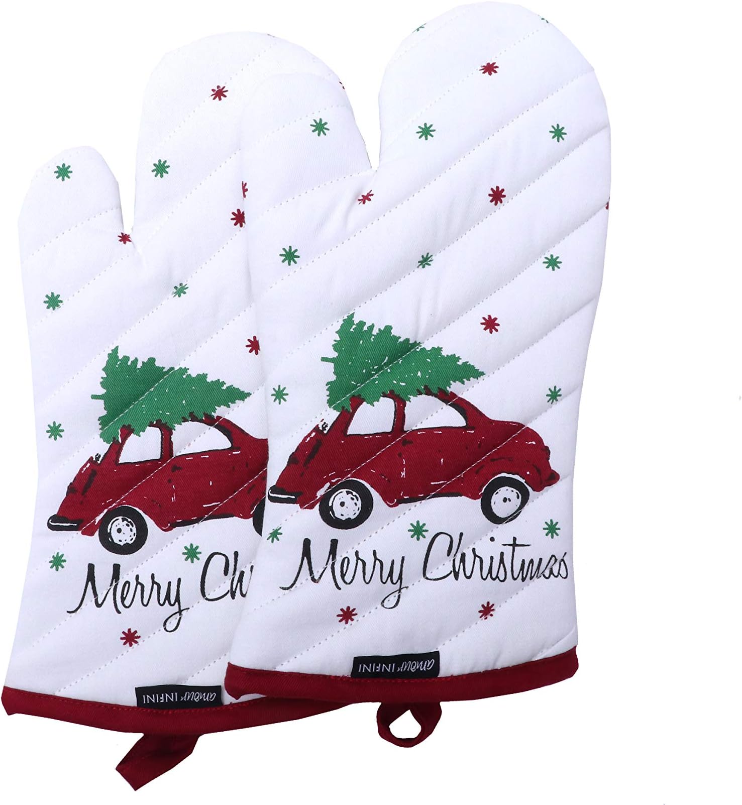 Oven Mitts, Unique Merry Christmas Design, Oven Mitts Heat Resistant, Made of 100% Cotton, Eco-Friendly & Safe, Set of 2, size 7 x 13 Inches, Machine Washable, Kitchen Oven Mitts By Amour Infini