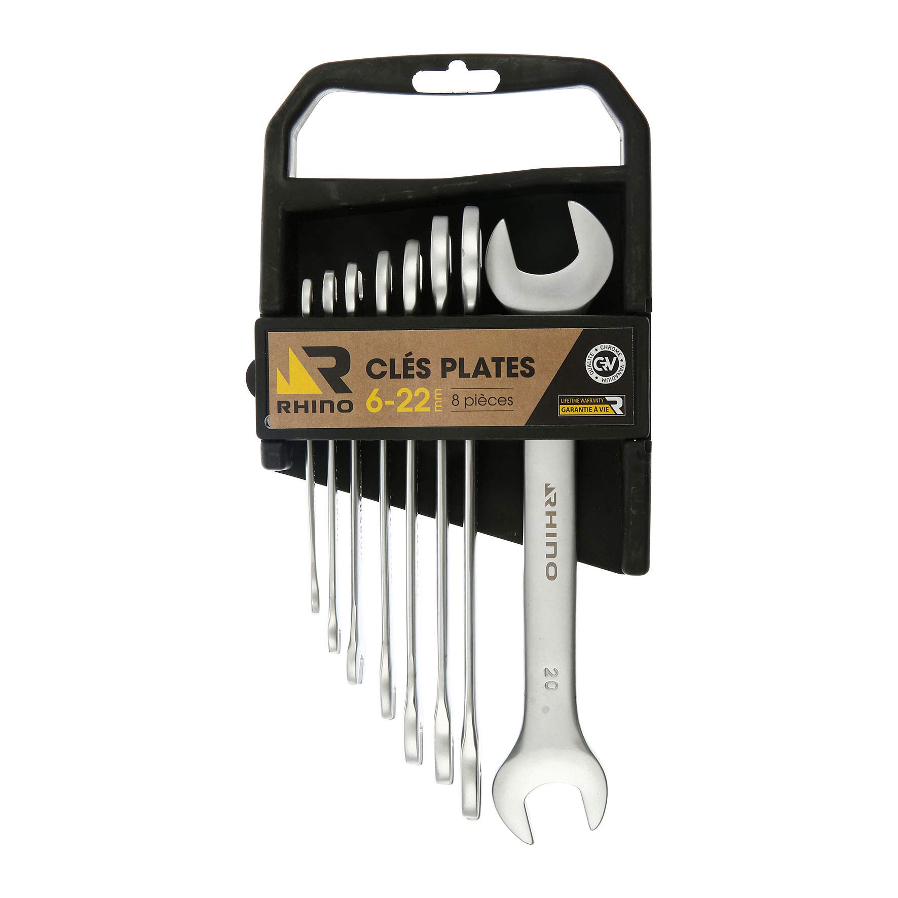 Rhino 8 Piece Open-End Spanner Wrench Diameter 6 to 22 mm Made from Steel (Chrome Vanadium) High Quality