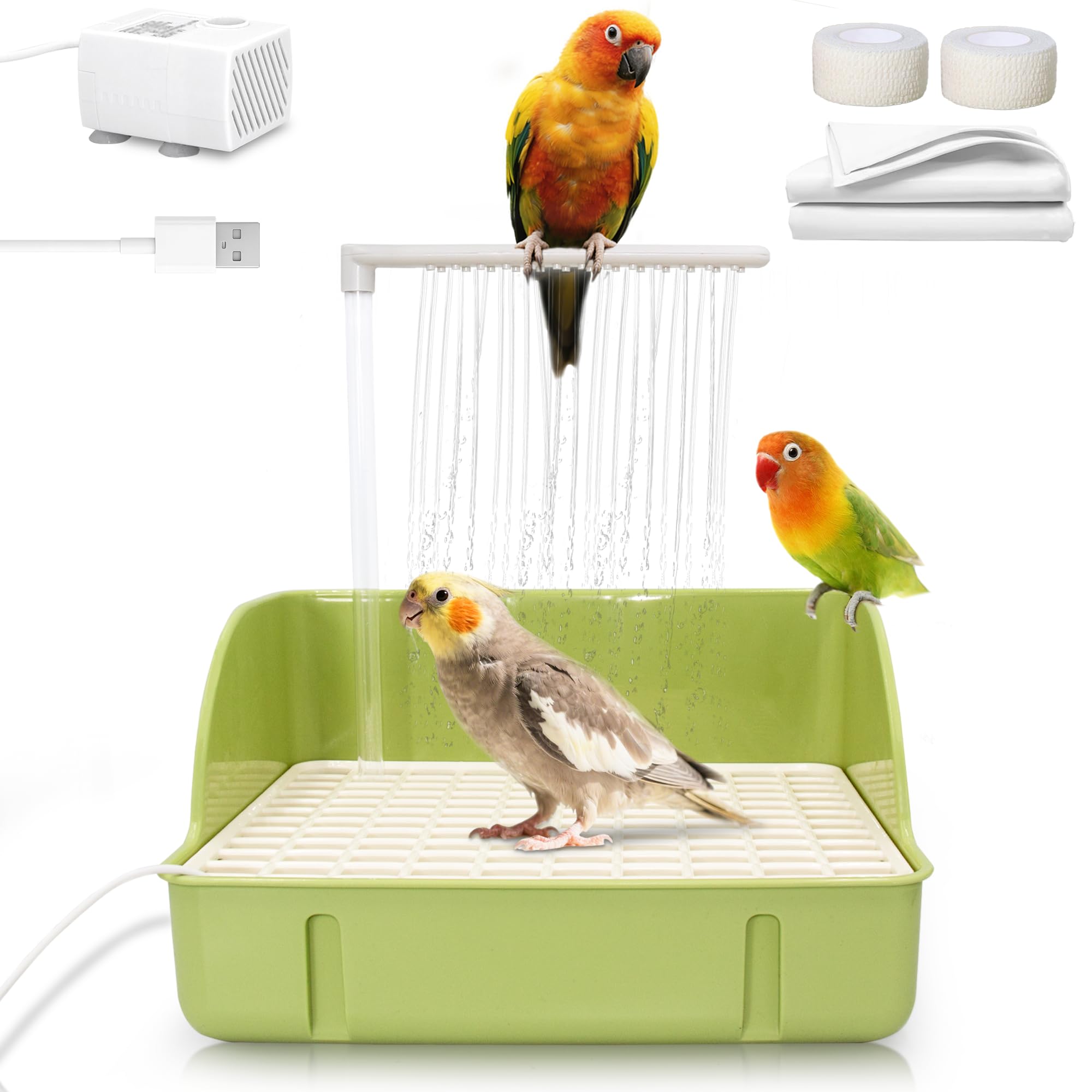Photo 1 of Automatic Parakeet Bird Bath with Pump, Large Bird Shower Fountain Indoor Bathtub with Running Water, Parrot Bath Tub Faucet for Pet Birds, African Grey, Cockatiel, Conure, Budgie, Lovebird (Green)