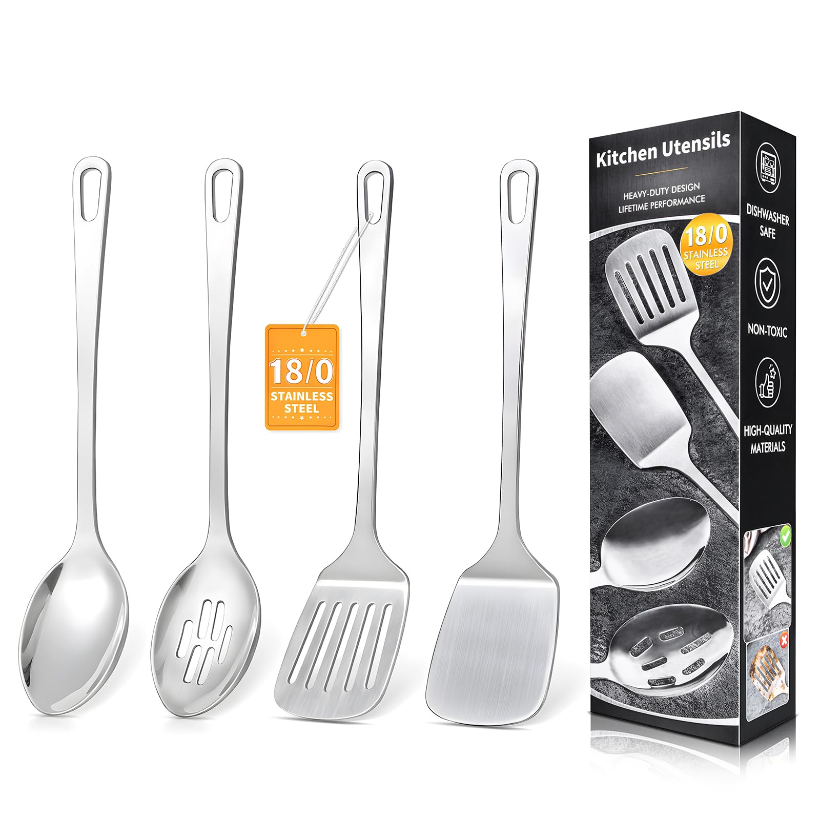 Photo 1 of  Pcs Cooking Utensils Set, Stainless Steel Kitchen Utensils, Heat Resistant Metal Kitchen Tools Include Solid & Slotted Turner Wok Spatula, Serving Spoon, Ergonomic Handle, Easy to Clean, Silver