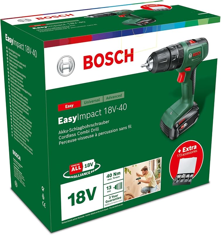 Perceuse-visseuse à percussion sans fil EasyImpact 18V-40 (1 batterie 2,0 Ah, système 18 V, kit de fixation 173 pièces, dans coffret de transport) – Édition Amazon