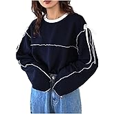 SweatyRocks Women's Oversized Bow Shirt Long Sleeve Crewneck Contrast Binding Sweatshirt