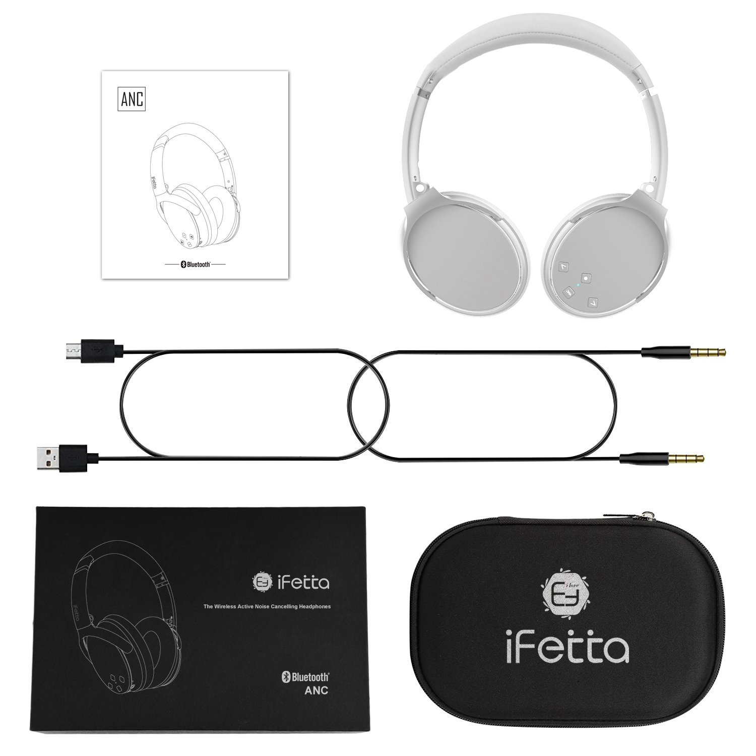 Active Noise Cancelling Headphones, Ifecco Stereo Bluetooth Headphones with Mic HiFi Over-Ear Headsets Support Volume Control 3.5mm Jack and Bluetooth Devices (Silver)