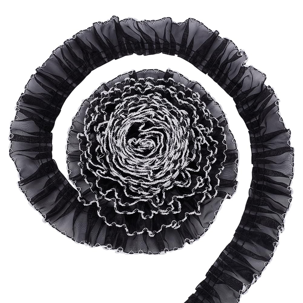 BENECREAT 8 Yards/7.3M Polyester Pleated Lace Trim, 40mm Wide Black with White Border Ruffled Lace Ribbon for Garment Accessories DIY Craft Sewing Decoration