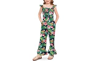 BesserBay Girls Square Neck Sleeveless Romper Smocked Long Pant Jumpsuit with Pockets 6-14 Years