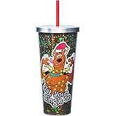 Spoontiques - Glitter Filled Acrylic Tumbler - Glitter Cup with Straw - 20 oz - Stainless Steel Locking Lid with Straw - Double Wall Insulated - BPA Free - Scooby Doo Christmas Glitter Cup