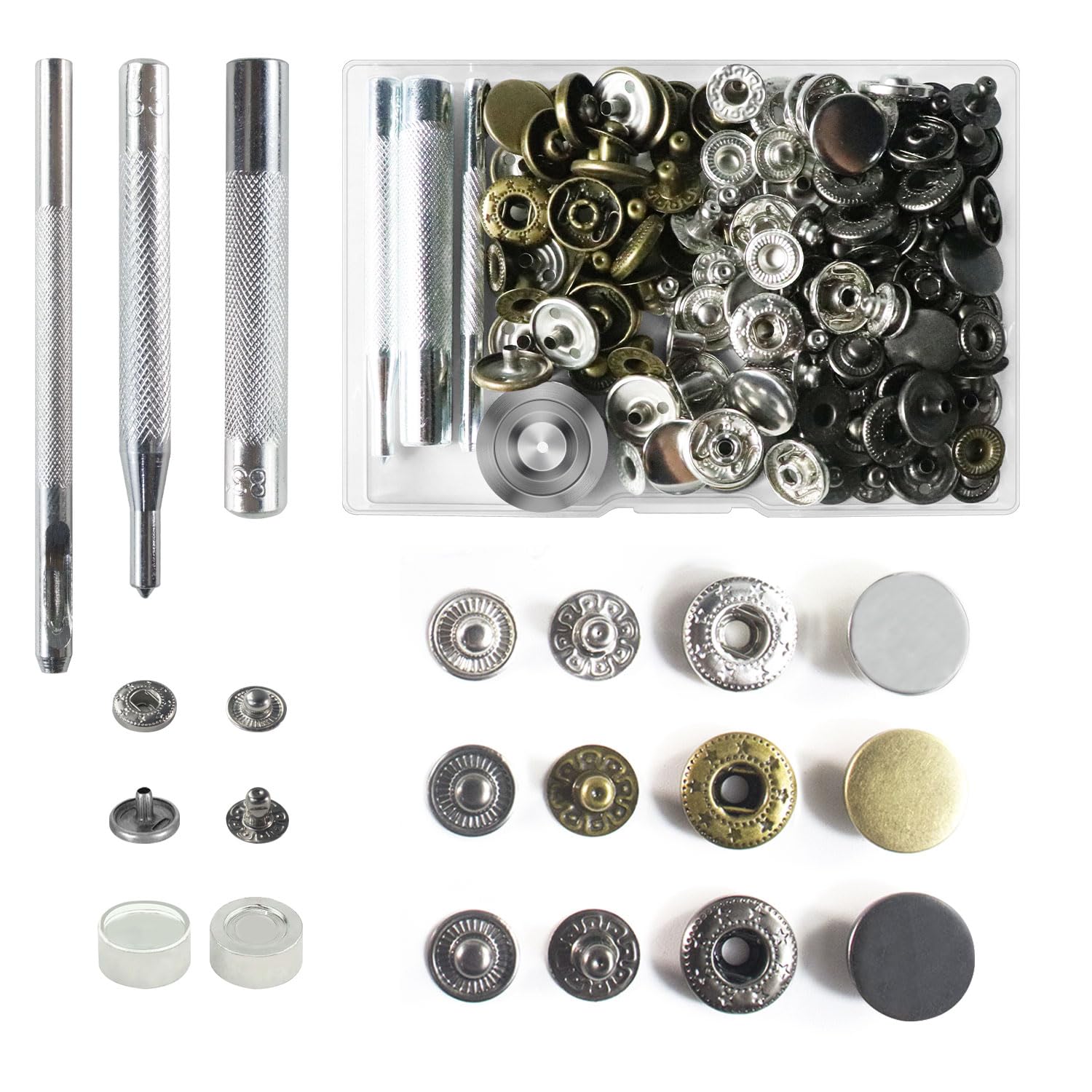 RichLuck 30 Sets Metal Snap Button Fasteners, 15mm Snap Button Kits with 4 Installation Tools，No Sewing Press Studs Snap Fasteners for Jeans Wears, Jackets, Bags Belt, Clothes，Leather (3 Colors)