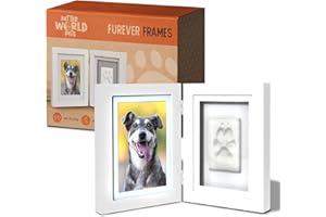 Better World Pets Paw Print + Photo Keepsake Frame Holds 4 x 6 inch or 5 x 7 Picture – Memorial Clay Imprint Kit – for Dogs and Cats – Perfect for Pet Lovers – Hinged for Desktop, White