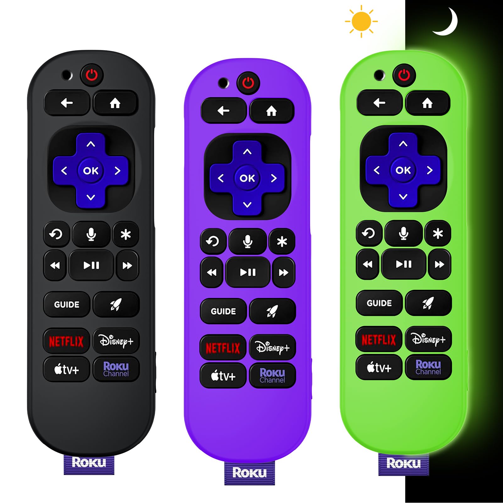 Photo 1 of [3 Pack]WADVCU for Roku Voice Remote Pro 2nd Ed/Edition Silicone Remote Case Cover,Roku TV Remote Protective Sleeve for Roku RCB1R Controller with Lanyard|Anti Slip(Black+Purple+Glowing Green in Dark)