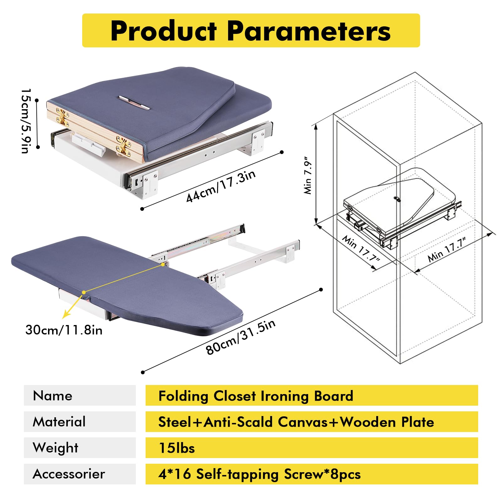 YUCHENGTECH Retractable Ironing Board Pull Out Ironing Board with Heat-Resistant Cover Stow Away in The Cabinet Saving Space