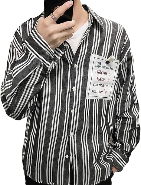 Amazon Zhongjue ジュージェン メンズ 長袖 シャツ ゆったり ストライプシャツ ストリート シャツ アウター 秋服 メンズアウター 韓国ファッション コート ジャケット 通販