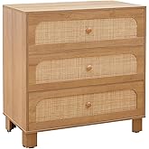 GANLLY 3 Drawer Dresser for Bedroom, Rattan Modern Closet Dressers Chest of Drawers, Wood Oak Storage Chest for Kids Bedroom,